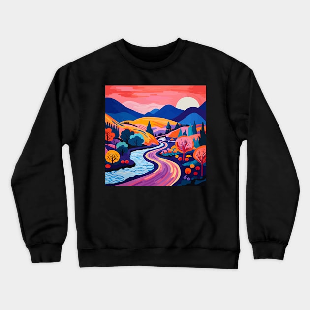 Digital Landscape Art in the Style of Matisse - Orange Sky, Blue Mountain, Orange Valley Crewneck Sweatshirt by Berny34Graphics